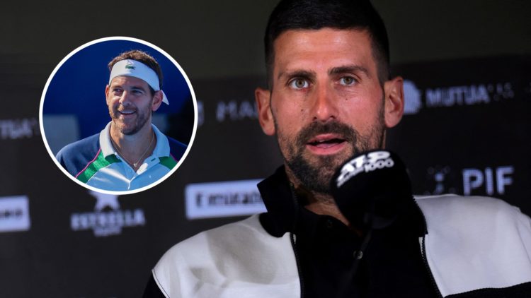 Image of Novak Djokovic answering to journalists during a press conference ahead of the 2025 Madrid Open, inset of Juan Martin del Potro looking on...