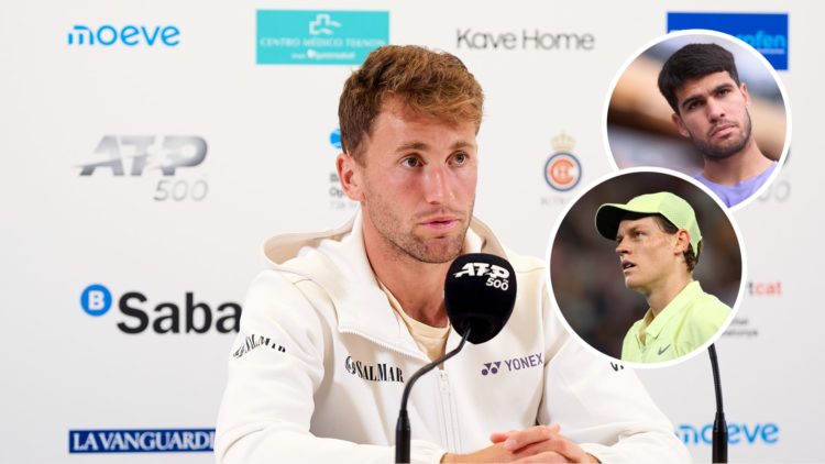 Image of Casper Ruud reacting to a question at the 2025 Barcelona Open press conference, inset of Carlos Alcaraz mid-match at the 2025 Monte-Carlo ...