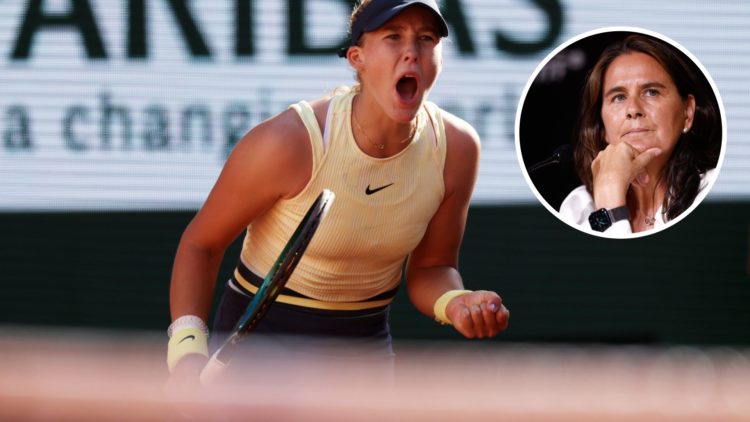 Image of Mirra Andreeva celebrating a point against Aryna Sabalenka during the 2024 French Open quarterfinals, inset of Conchita Martinez during a ...