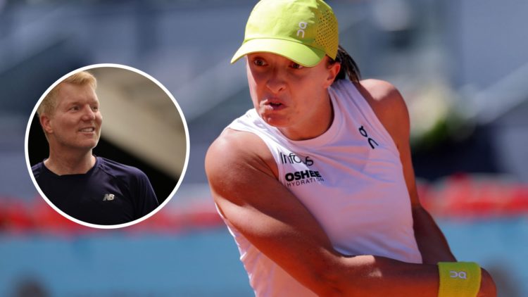 Image of Iga Swiatek returning the ball to Alexandra Eala during their 2025 Madrid Open second round match, inset of Jim Courier looking on at the ...