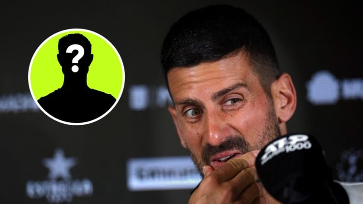 Image of Novak Djokovic answering to journalists during a press conference ahead of the 2025 Madrid Open, inset of a male mystery player