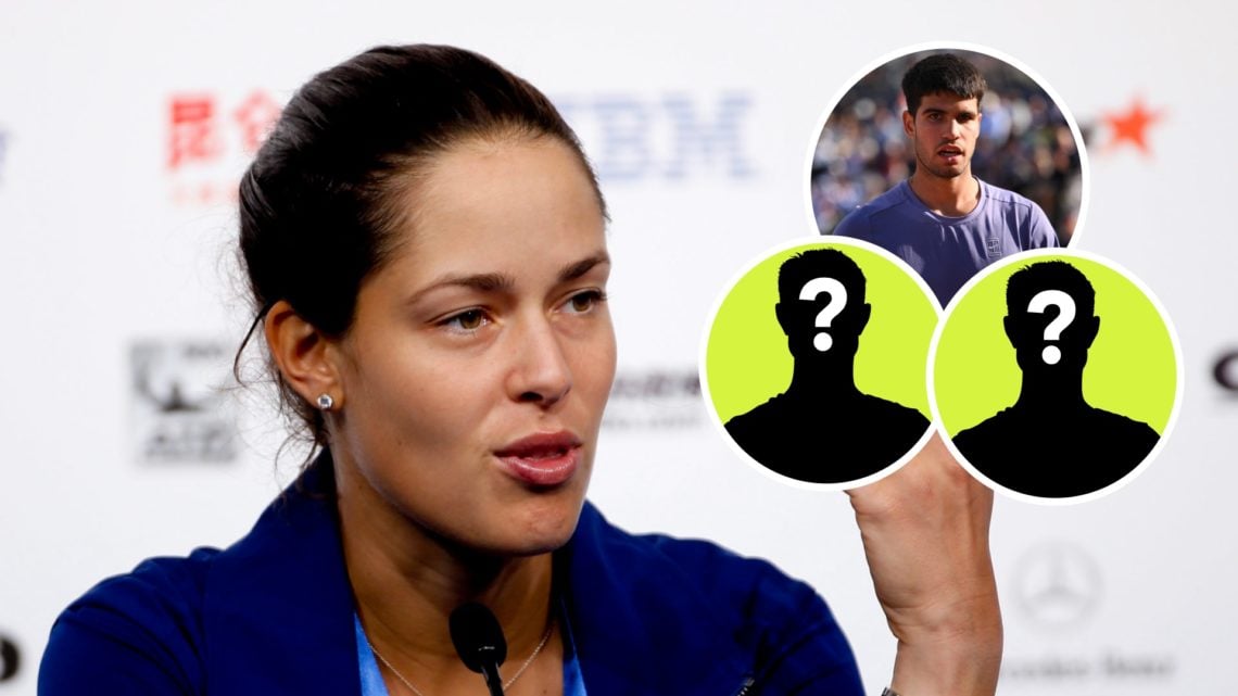 Image of Ana Ivanovic answering questions at a press conference on day three of the 2013 China Open, inset of Carlos Alcaraz looking on during his ...