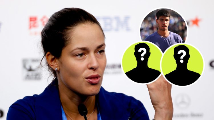 Image of Ana Ivanovic answering questions at a press conference on day three of the 2013 China Open, inset of Carlos Alcaraz looking on during his ...