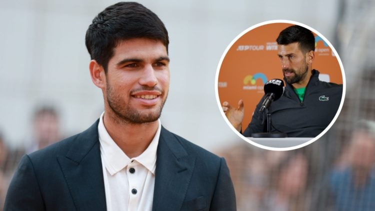 Image of Carlos Alcaraz attending the premiere for his new Netflix documentary in Madrid, Spain, inset of Novak Djokovic answering to journalists a...