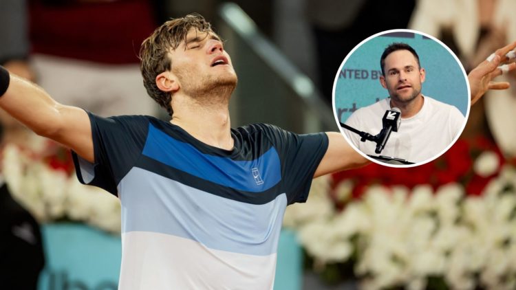 Main: Jack Draper celebrates victory during the Mutua Madrid Open. Insert: Andy Roddick speaks onstage during the 2025 SXSW Conference and Festival.