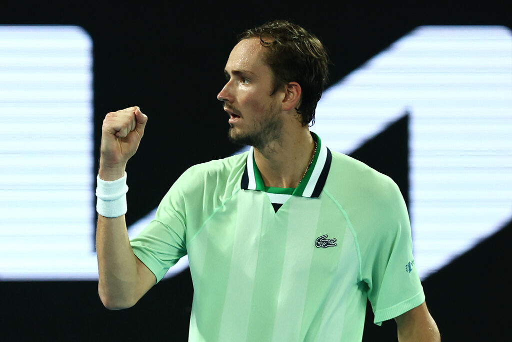 Daniil Medvedev celebrates winning a point against Rafael Nadal in the 2022 French Open final