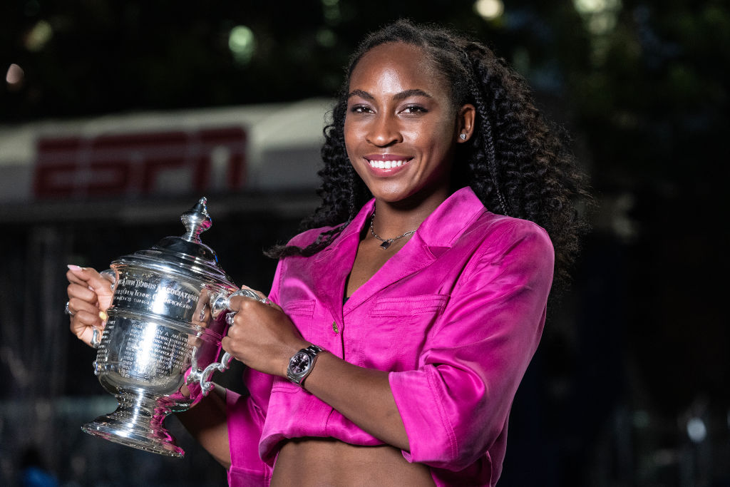 Coco Gauff wearing dress by Ganni, winner of women's