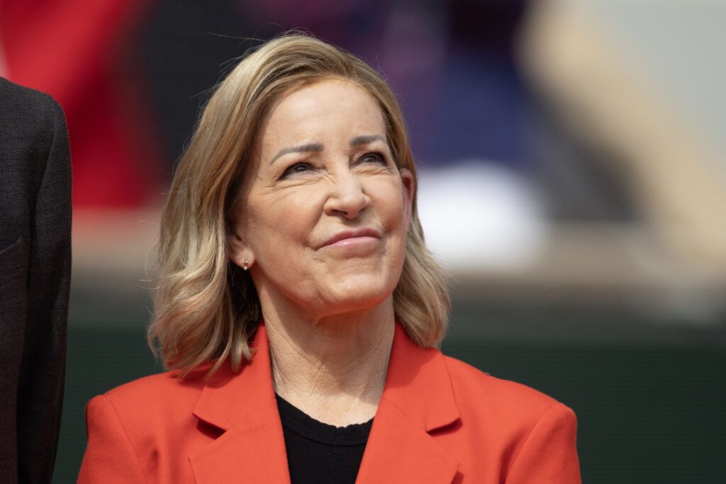 Chris Evert watches on during the trophy presentations at the 2024 French Open