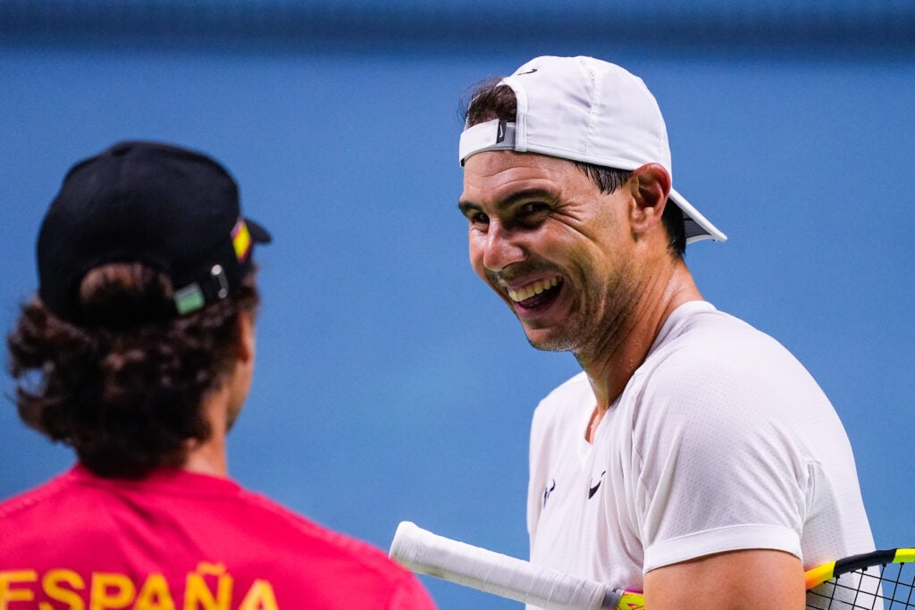 Rafael Nadal laughing during a practice session ahead of the 2024 Davis Cup Finals