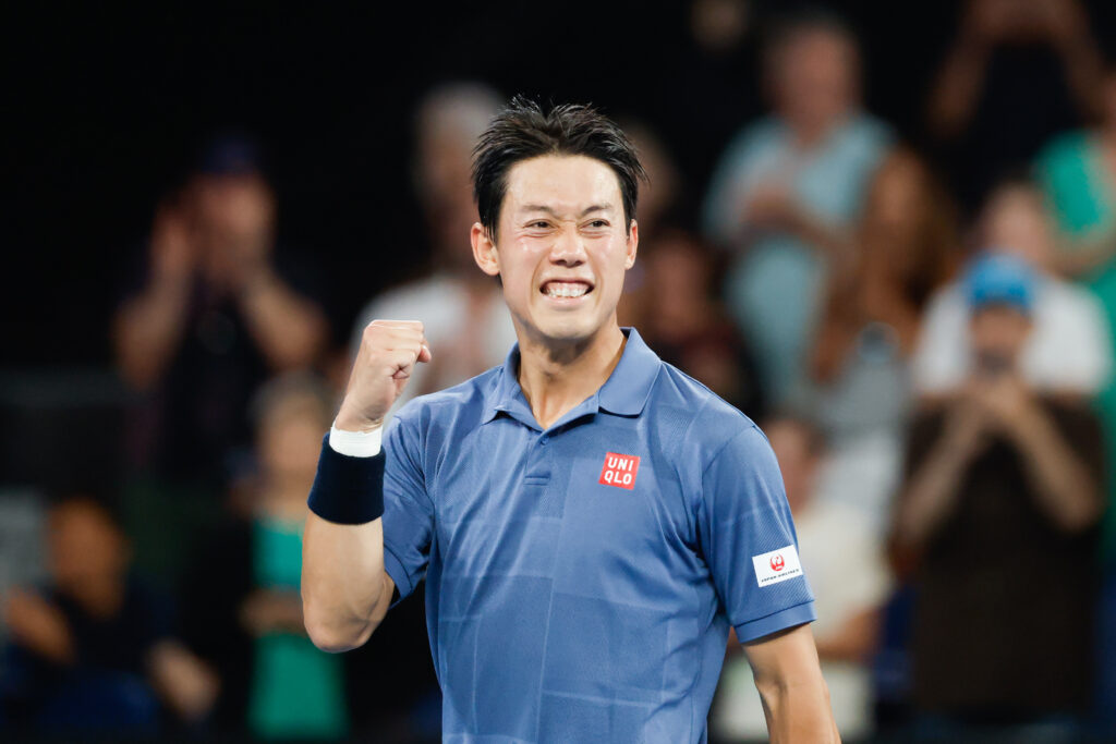Kei Nishikori celebrating his win over Thiago Monteiro at the 2025 Australian Open