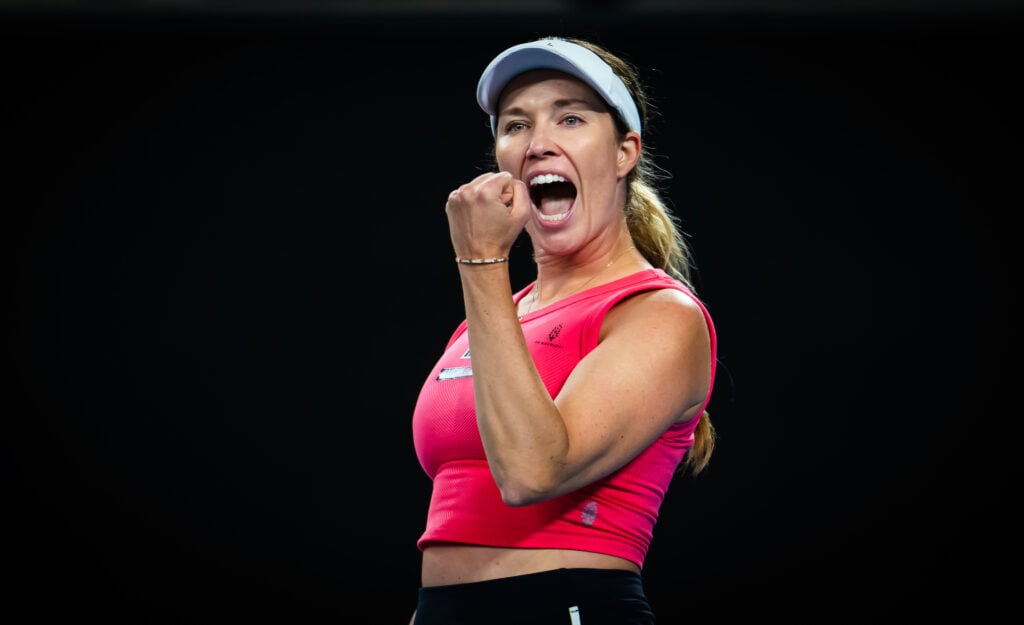 Danielle Collins of the United States reacts while playing against Destanee Aiava of Australia in the second round on Day 5 of the 2025 Australian Open at Melbourne Park.