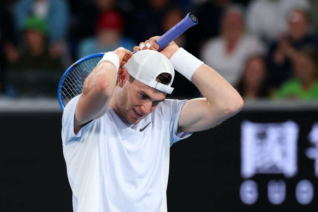 Jack Draper reacts during his third round match at the 2025 Australian Open against Aleksandar Vukic.