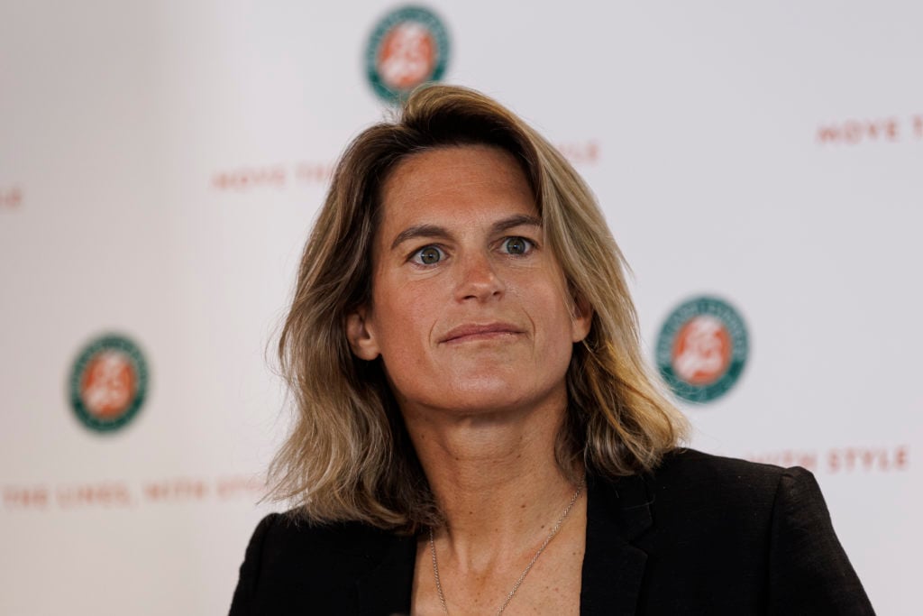 Amelie Mauresmo speaks at a 2025 French Open press conference