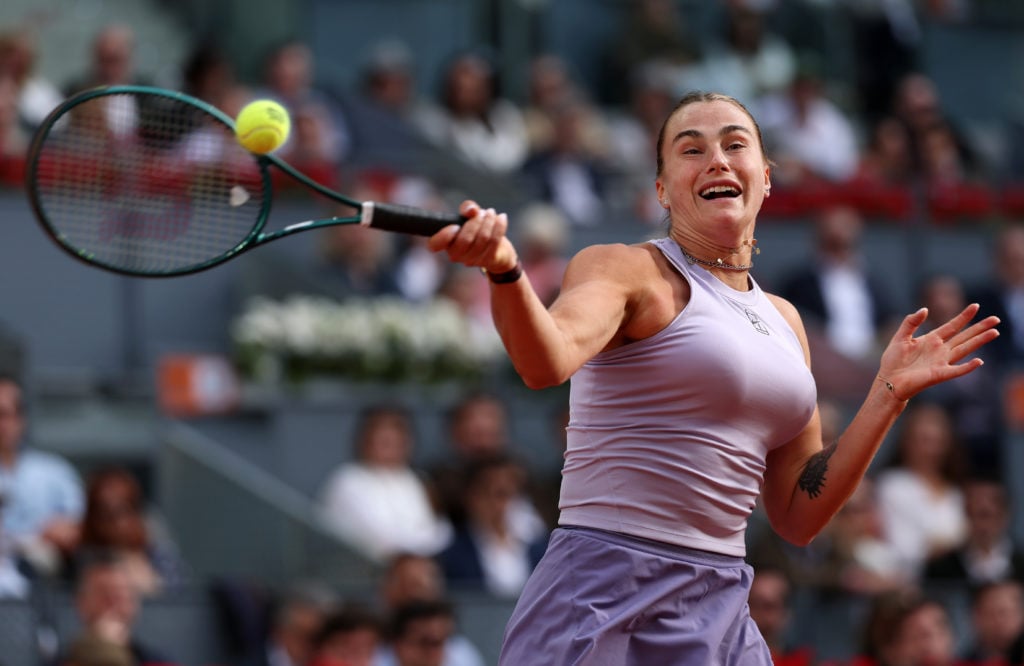Aryna Sabalenka hits a forehand against Coco Gauff in the 2025 Madrid Open final