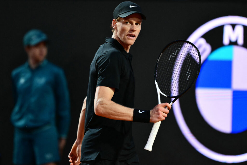 Jannik Sinner celebrates winning a point against Mariano Navone at the 2025 Italian Open