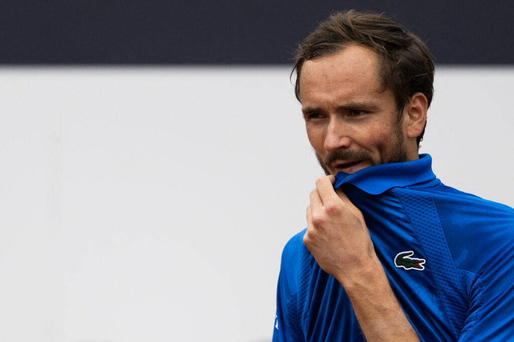Daniil Medvedev looks on during his 2025 Italian Open third round match against Alexei Popyrin