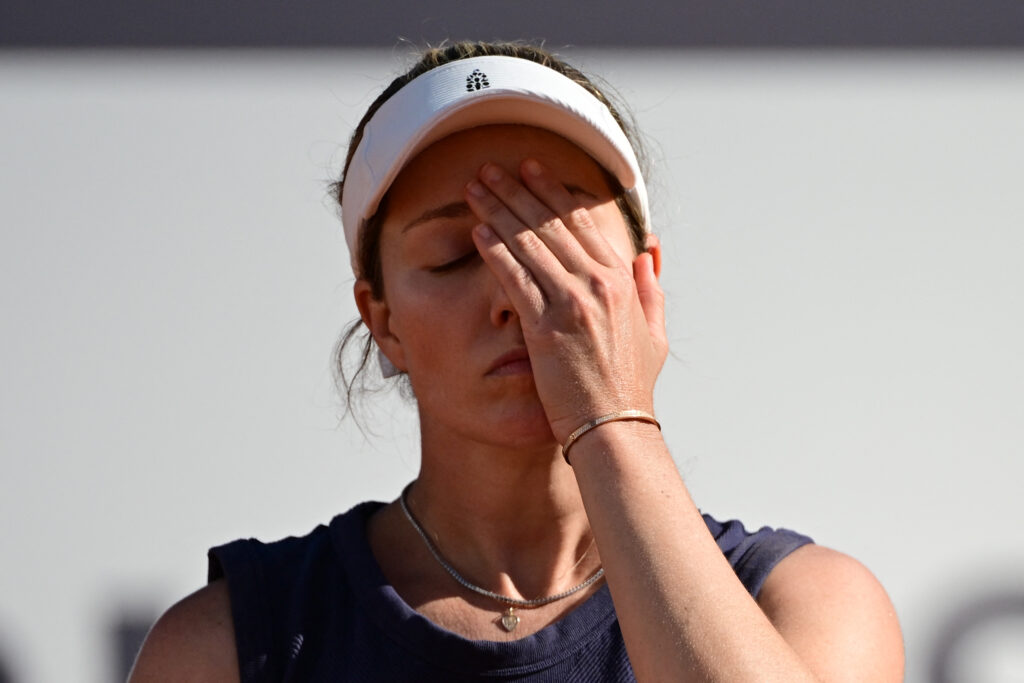 Danielle Collins reacts during her defeat to Elina Svitolina at the 2025 Italian Open