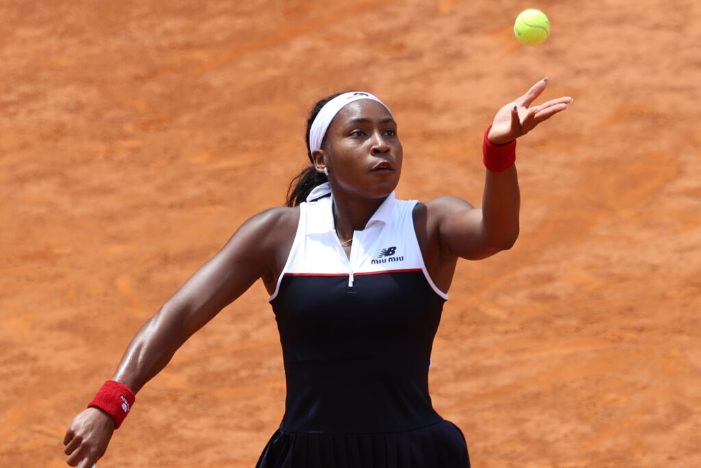 Coco Gauff serving at the 2025 Italian Open