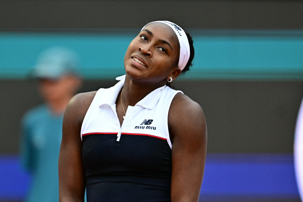 Coco Gauff reacts with disappointment during her defeat to Jasmine Paolini in the 2025 Italian Open final