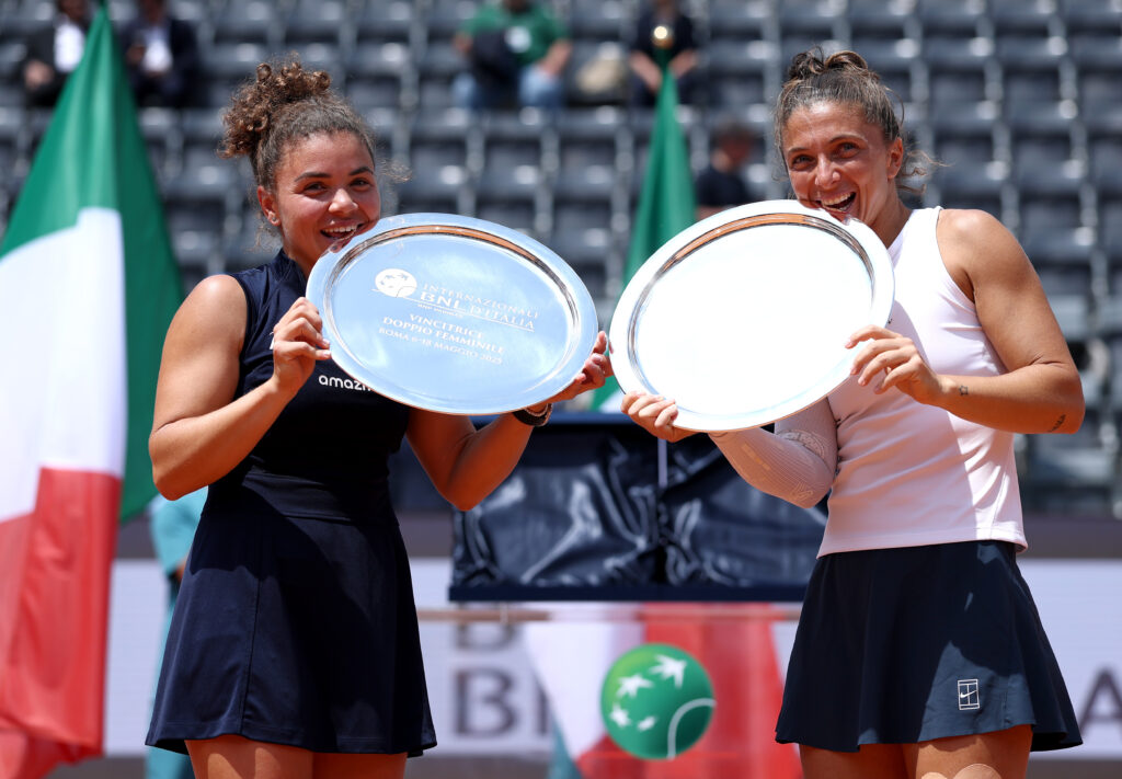 Jasmine Paolini and Sara Errani celebrate after winning the 2025 Italian Open