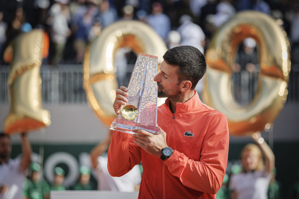 Novak Djokovic celebrates his victory over Poland's Hubert Hurkacz at the end of their final match at the ATP 250 Geneva Open.