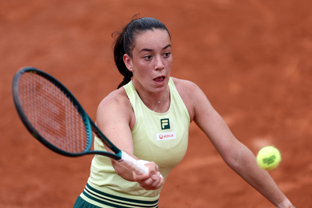 Tereza Valentova hits a forehand at the 2025 French Open