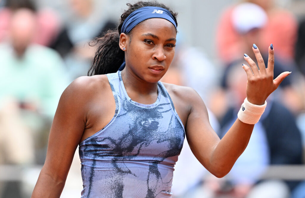 Coco Gauff reacts during her win over Olivia Gadecki at the 2025 French Open