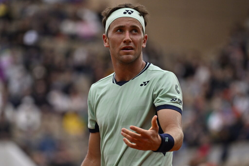 Casper Ruud reacts during his defeat to Nuno Borges at the 2025 French Open