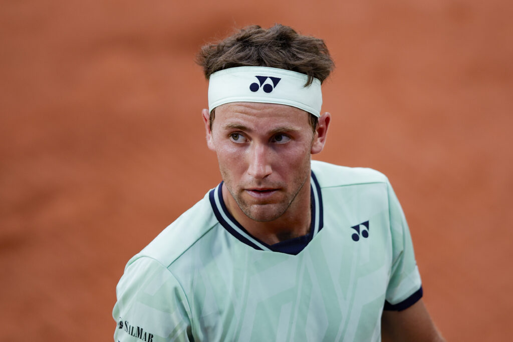 Casper Ruud looks on during his defeat to Nuno Borges at the 2025 French Open