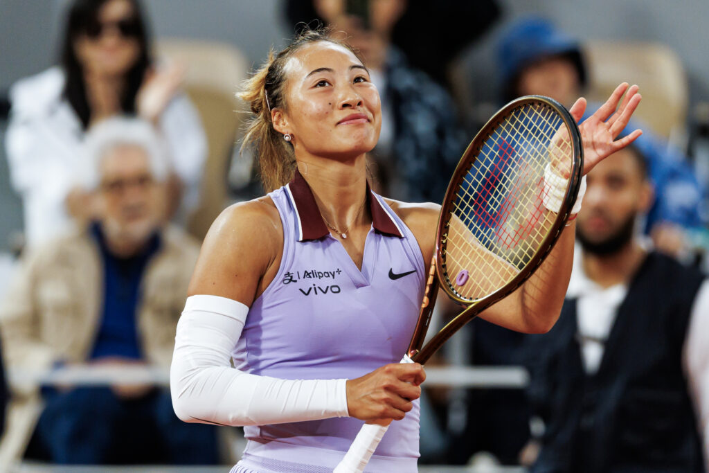 Qinwen Zheng celebrates her win over Anastasia Pavlyuchenkova at the 2025 French Open