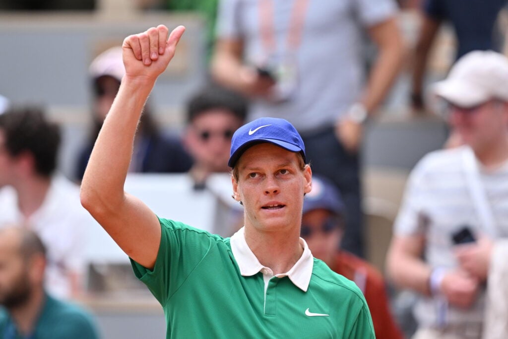Jannik Sinner celebrates after winning his second round match at the 2025 French Open