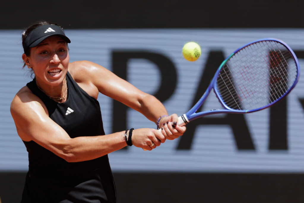 Jessica Pegula hitting a backhand at the 2025 French Open.