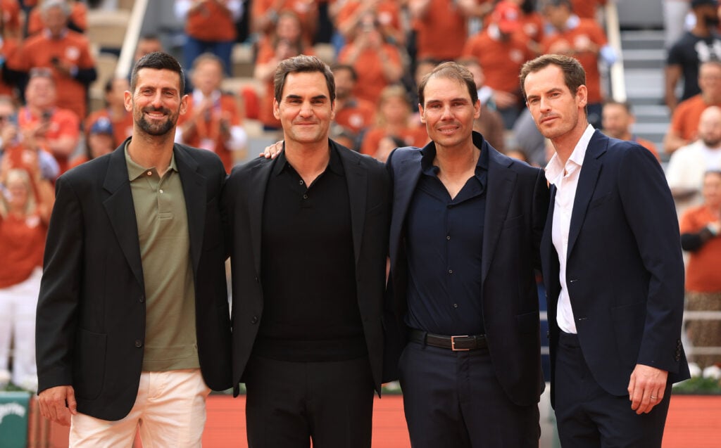 Novak Djokovic, Roger Federer, Rafael Nadal, and Andy Murray pose together at Rafael Nadal's farewell ceremony.