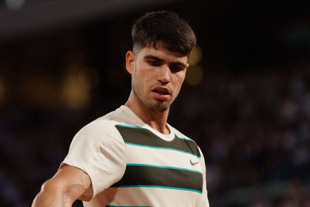 Carlos Alcaraz looks on during his win over Damir Dzumhur at the 2025 French Open
