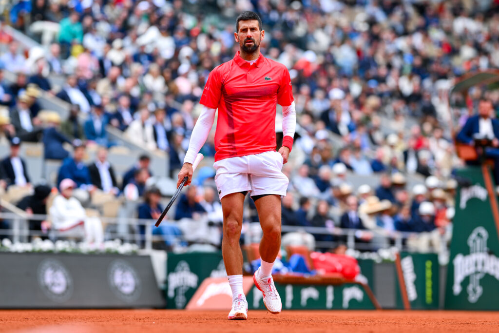 Novak Djokovic looks on during his win over Mackenzie McDonald at the 2025 French Open