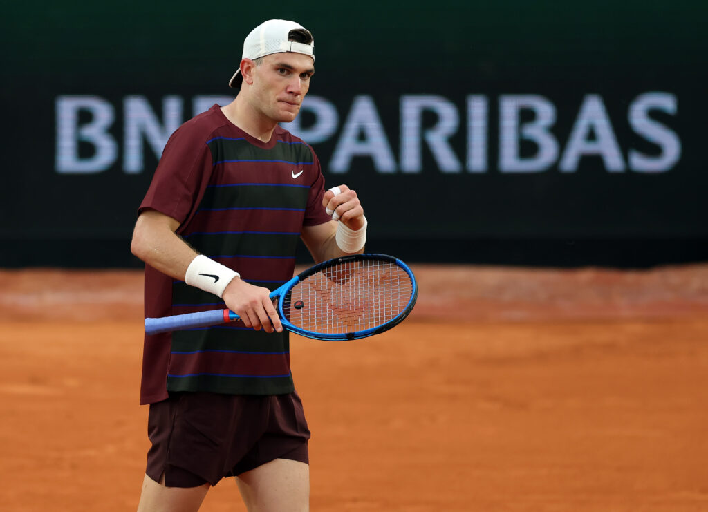 Jack Draper of Great Britain is seen in action on his way to defeating Mattia Bellucci of Italy in the first round during day three at Roland Garros.