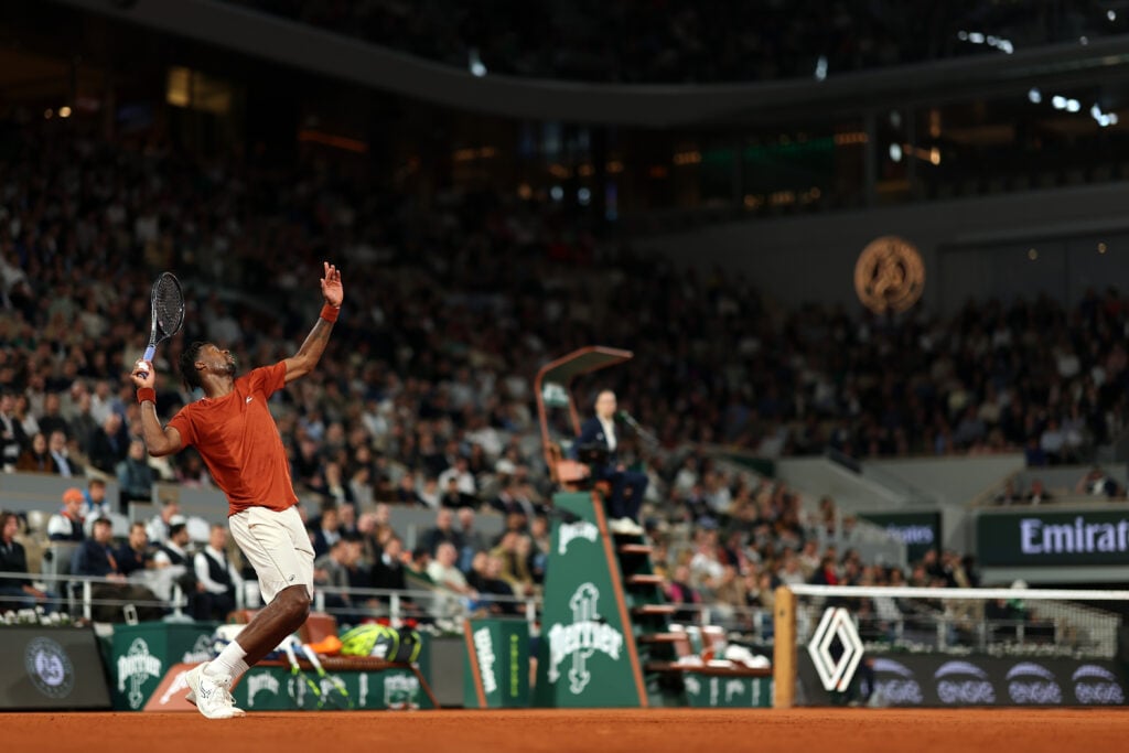 Gael Monfils serving during his first-round win over Hugo Dellien at the 2025 French Open