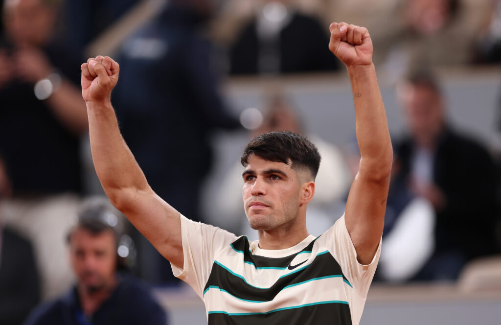 Carlos Alcaraz celebrates his win over Fabian Marozsan at the 2025 French Open