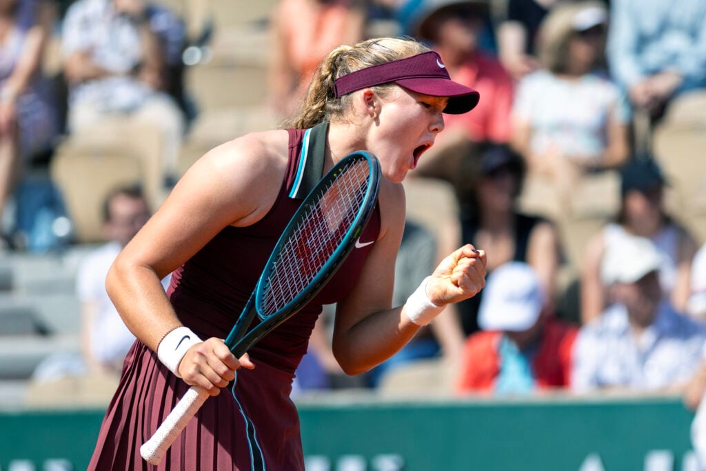 Mirra Andreeva celebrates during her win over Ashlyn Krueger at the 2025 French Open