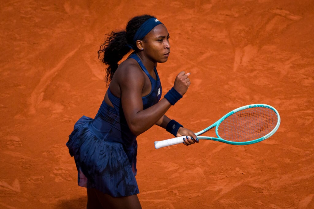 Coco Gauff celebrating a point at the French Open