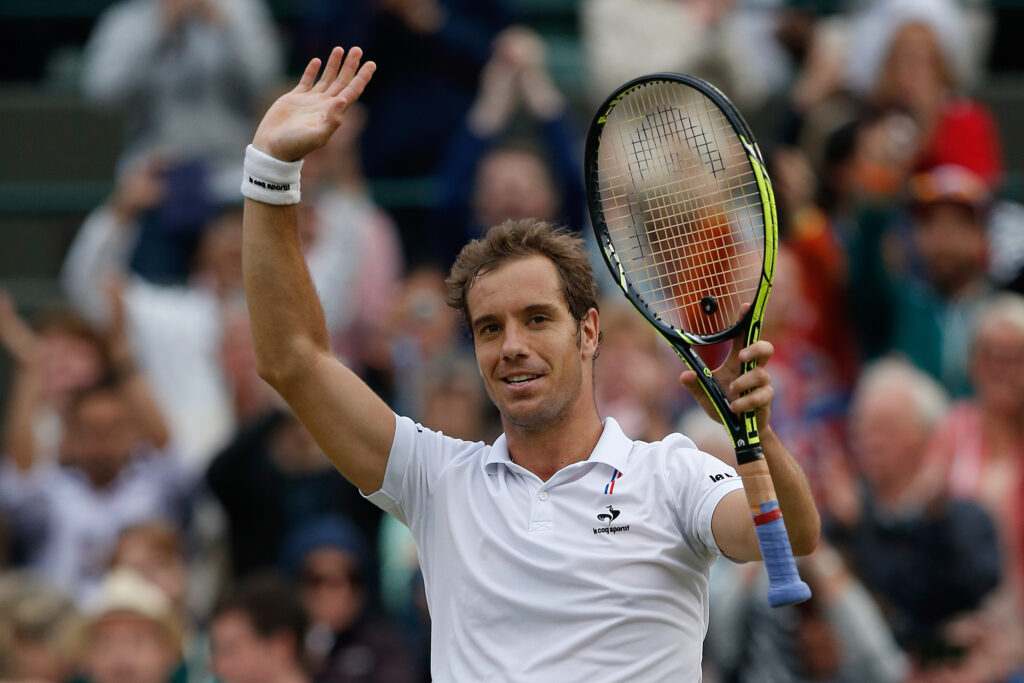Richard Gasquet celebrates his win over Stan Wawrinka at Wimbledon in 2015