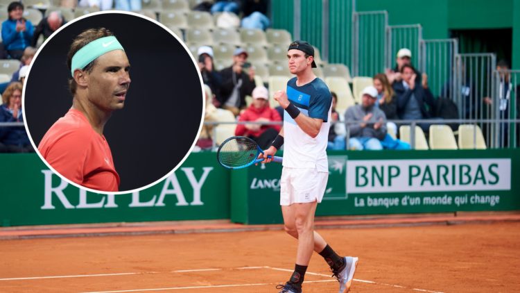 Jack Draper celebrates at the 2025 Monte Carlo Masters, inset Rafael Nadal looks on during the 2024 Brisbane International