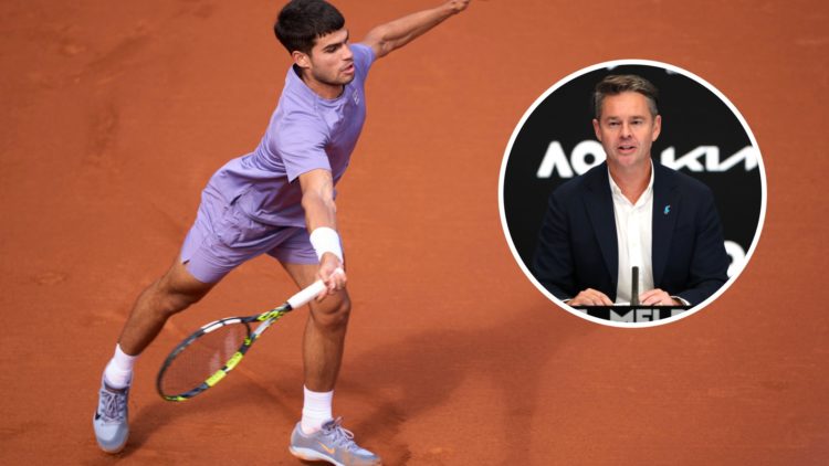 Image of Carlos Alcaraz returning the ball against Arthur Fils in the semi-finals of the 2025 Barcelona Open, inset of Todd Woodbridge speaking dur...