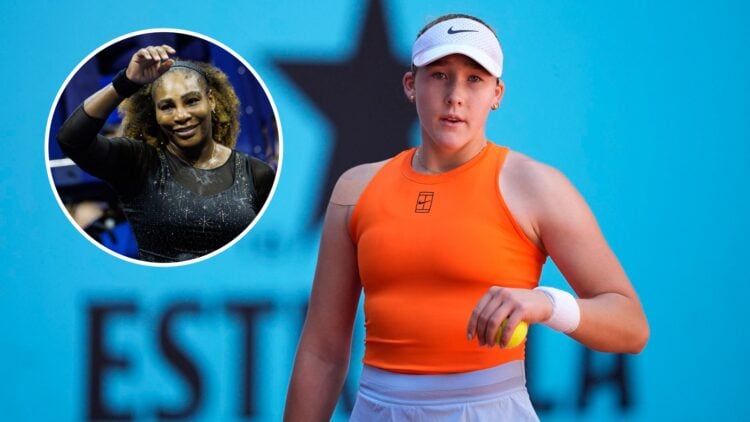 Mirra Andreeva plays at the 2025 Madrid Open, inset Serena Williams celebrates at the 2022 US Open