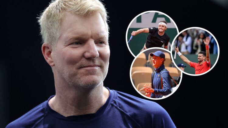 Image of Jim Courier looking on during the 2021 Laver Cup, inset of Taylor Fritz playing a forehand against Federico Cina at the 2024 French Open, ...