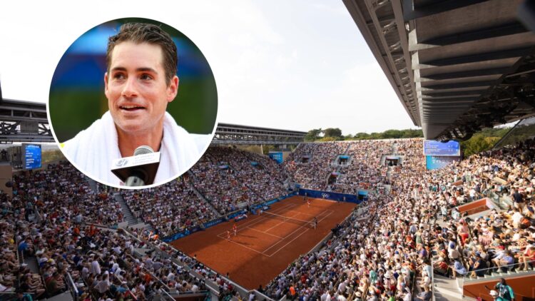 General view at the Court Suzanne Lenglen Stadium at the 2024 Paris Olympic Games, insert John Isner speaks with media at the 2020 All-American Tea...