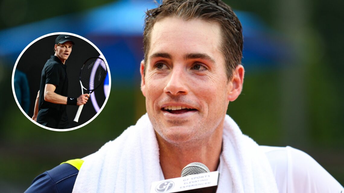 Image of John Isner speaking to the media after beating Taylor Fritz in 2020, inset of Jannik Sinner celebrating during his match against Mariano N...
