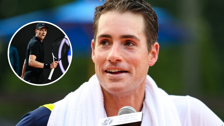 Image of John Isner speaking to the media after beating Taylor Fritz in 2020, inset of Jannik Sinner celebrating during his match against Mariano N...