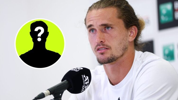 Image of Alexander Zverev speaking during a press conference ahead of the 2025 Italian Open, inset of a male mystery player