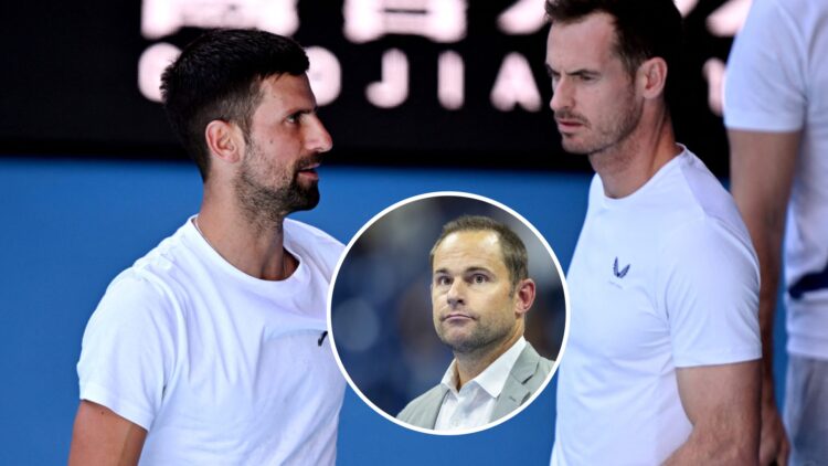 Novak Djokovic talks with Andy Murray during training at the 2025 Australian Open, inset Andy Roddick looks on during the 2023 US Open trophy prese...